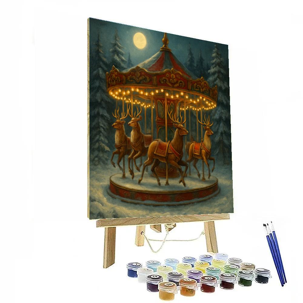 Midnight Reindeer Carousel In The Forest Number painting