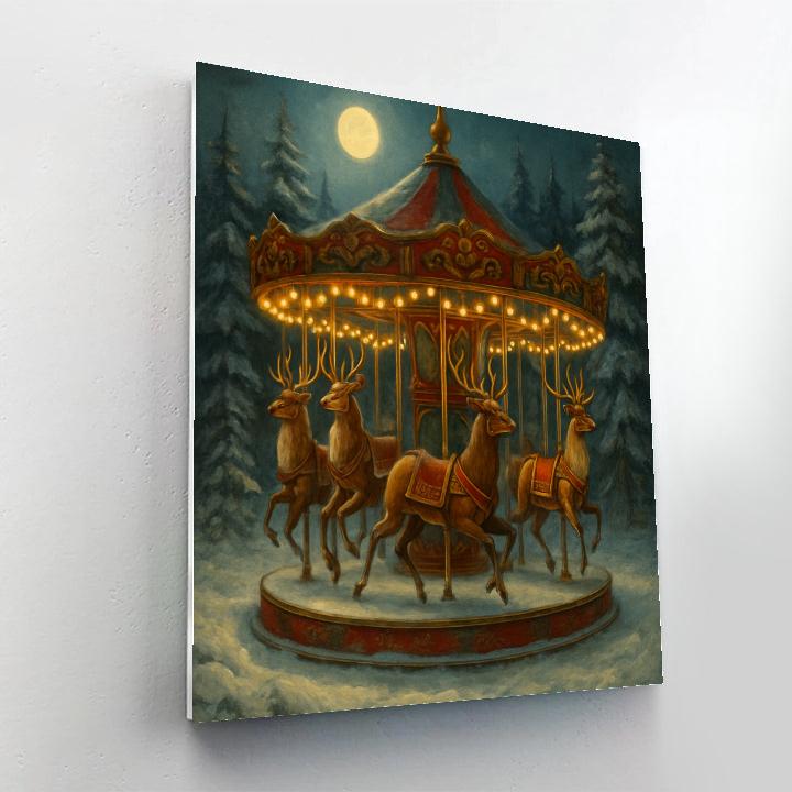 Midnight Reindeer Carousel In The Forest Number painting
