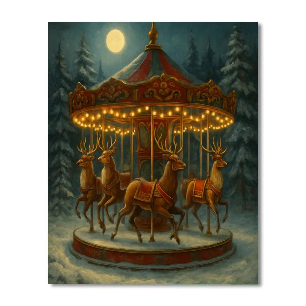 Midnight Reindeer Carousel In The Forest Number painting