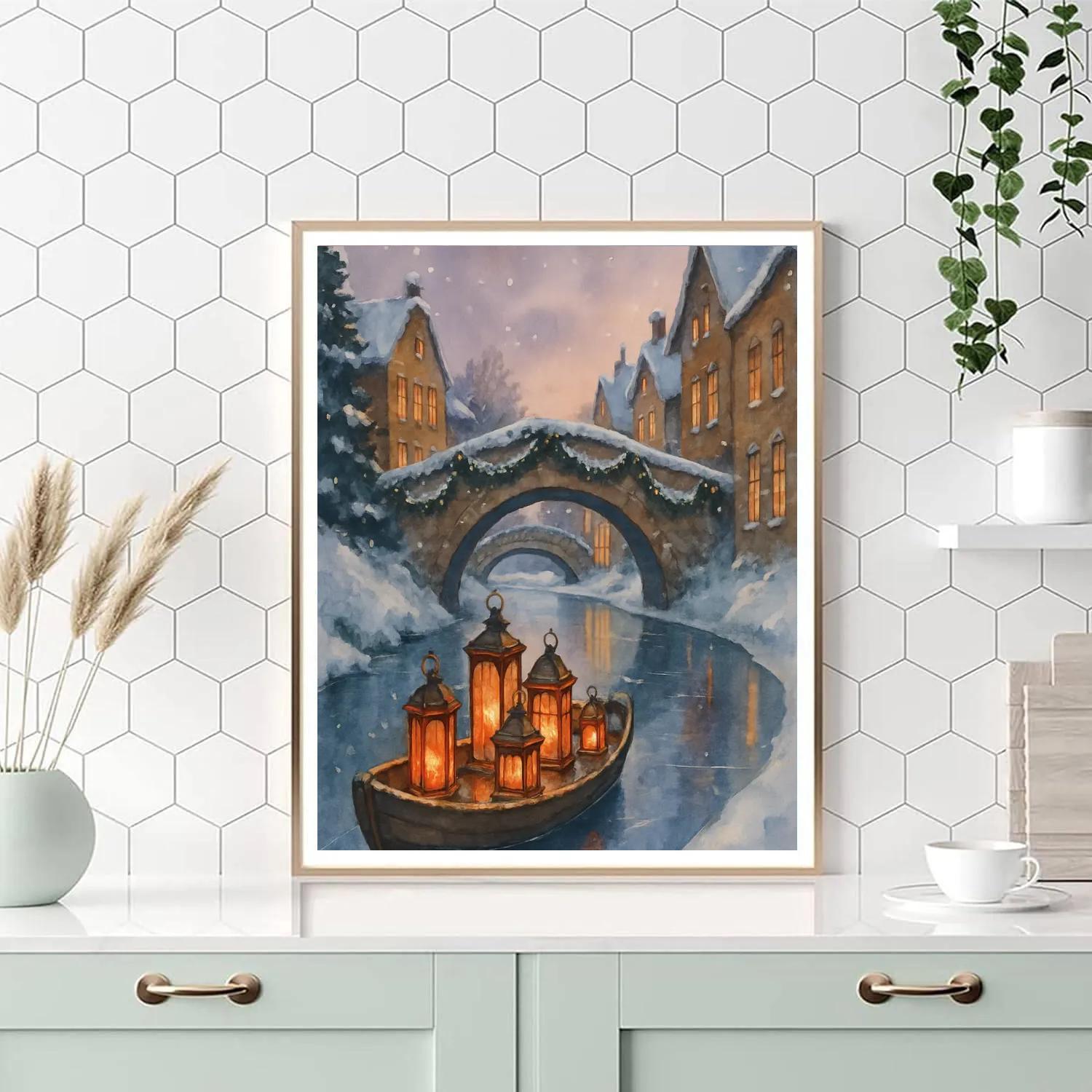 Christmas Lantern Boat On The Frozen Canal paint by color