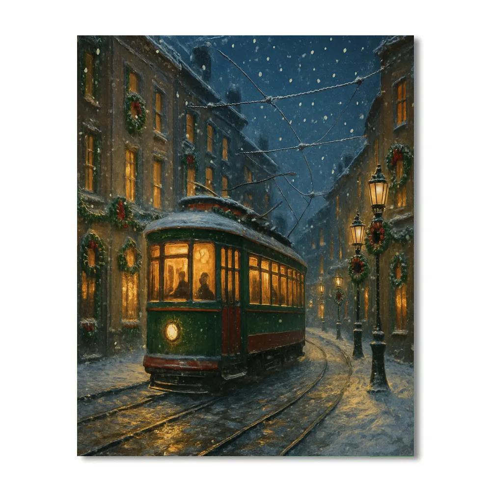Christmas Tram Through Old Town Snow paint by number