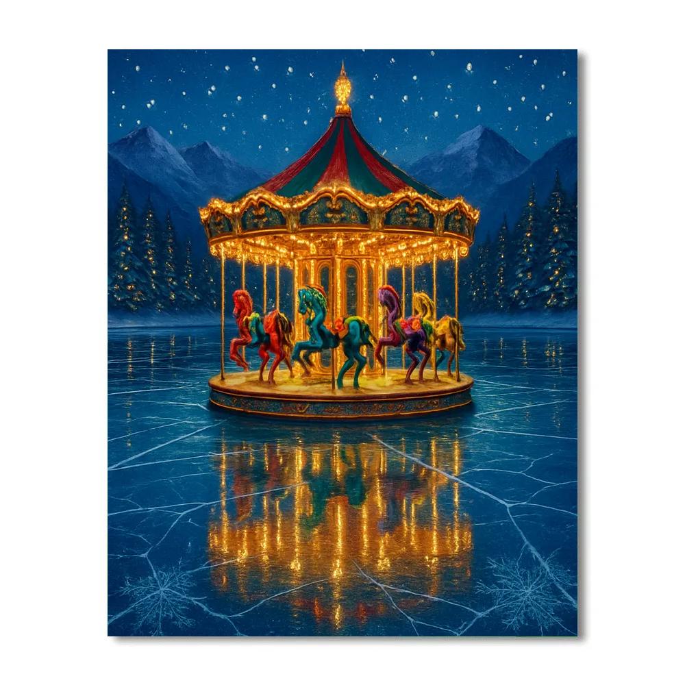 Christmas Carousel On The Frozen Lake Number painting