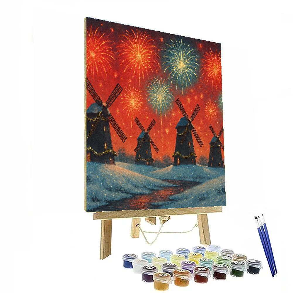 Christmas Fireworks Above Snowy Windmills Number painting