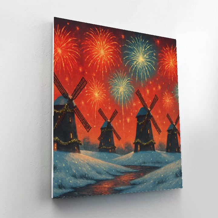 Christmas Fireworks Above Snowy Windmills Number painting