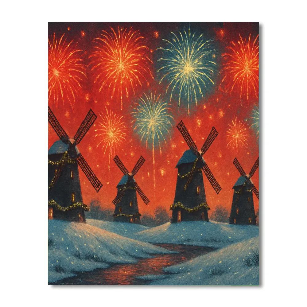 Christmas Fireworks Above Snowy Windmills Number painting