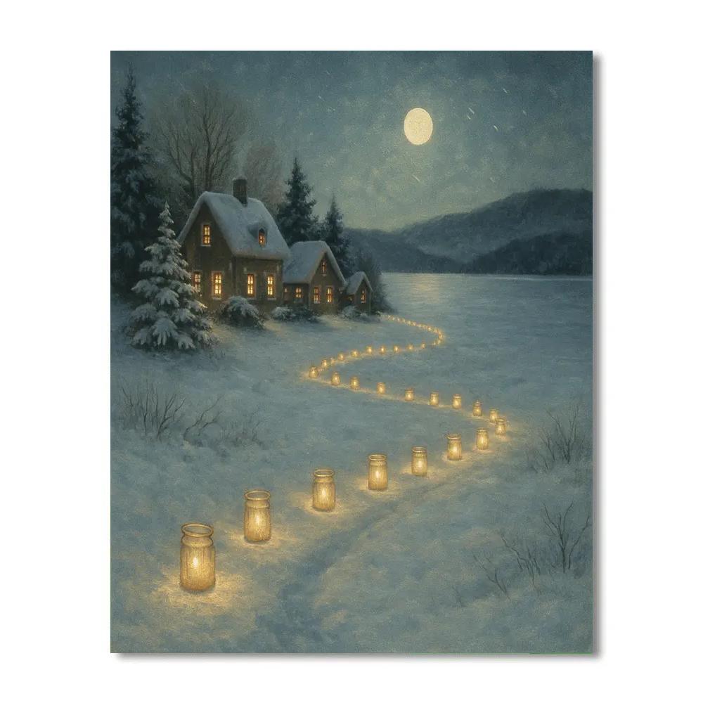 Snowy Village Candle Path To The Lake DIY paint by numbers