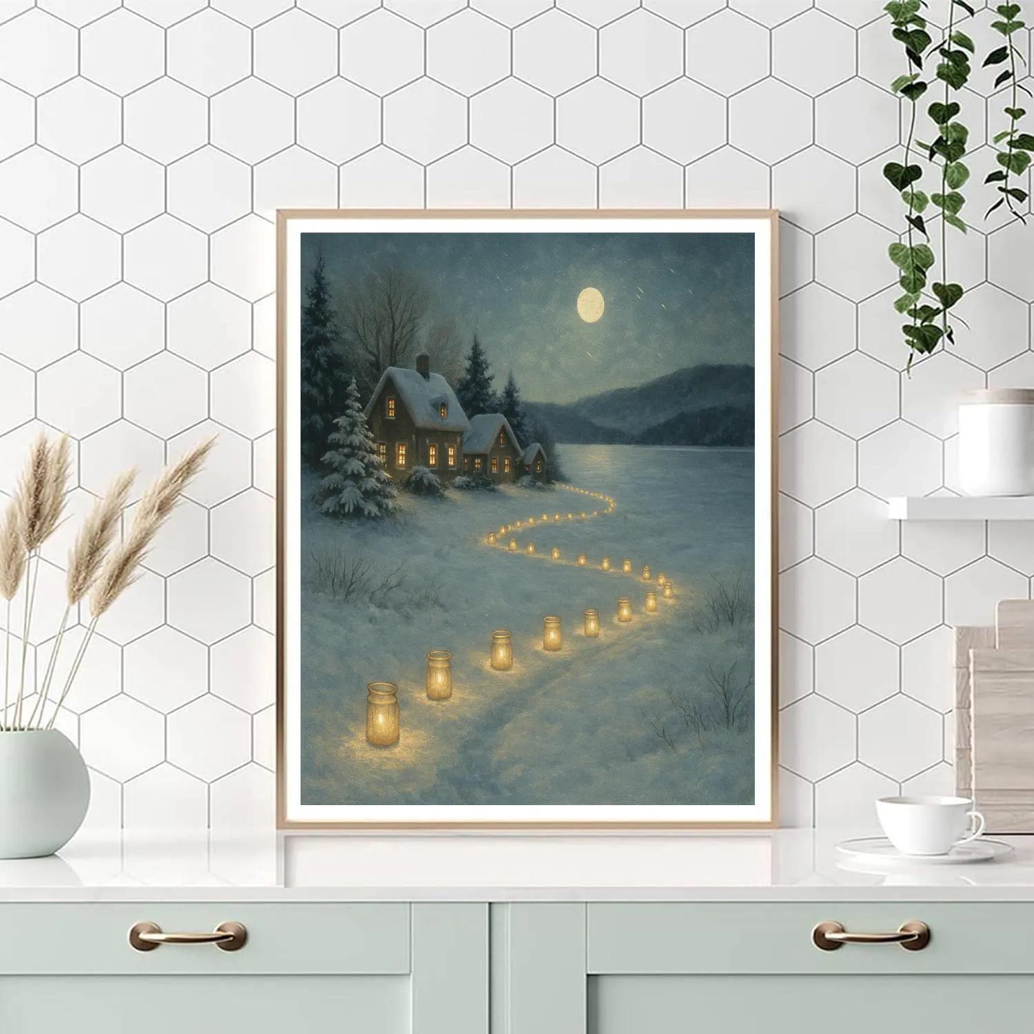 Snowy Village Candle Path To The Lake DIY paint by numbers
