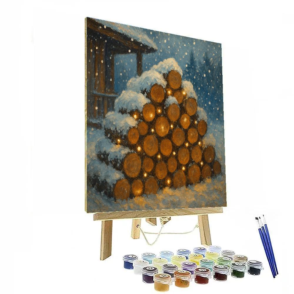 Christmas Firewood Pile Under Falling Snow paint by numbers