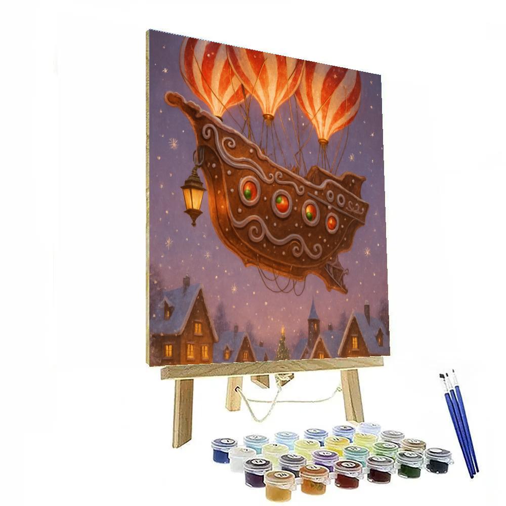 Gingerbread Airship Over Snowy Town Painting by numbers kit