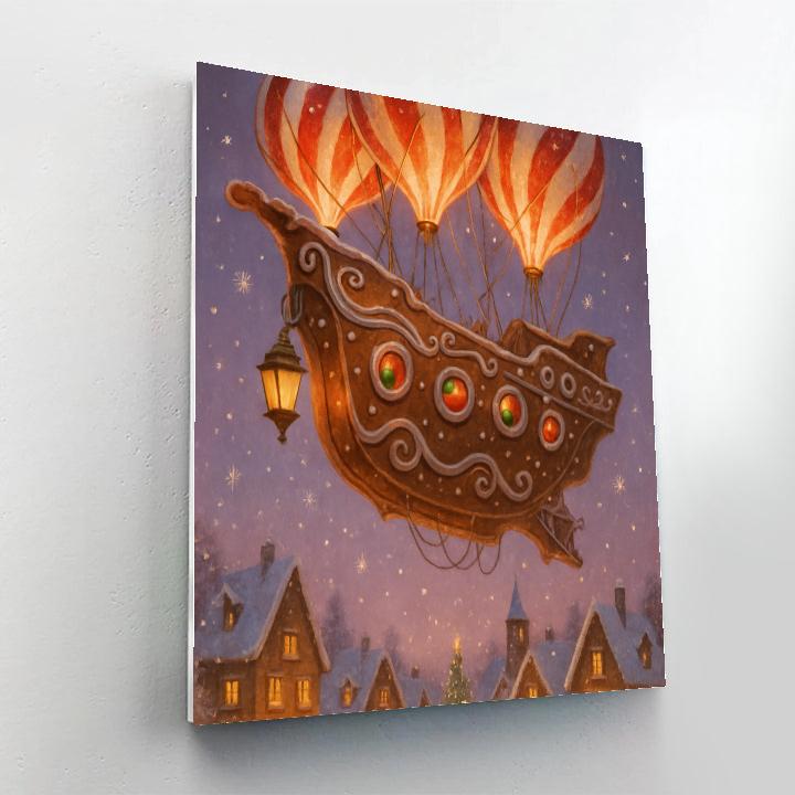 Gingerbread Airship Over Snowy Town Painting by numbers kit