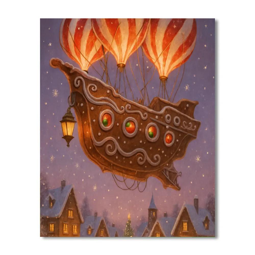 Gingerbread Airship Over Snowy Town Painting by numbers kit