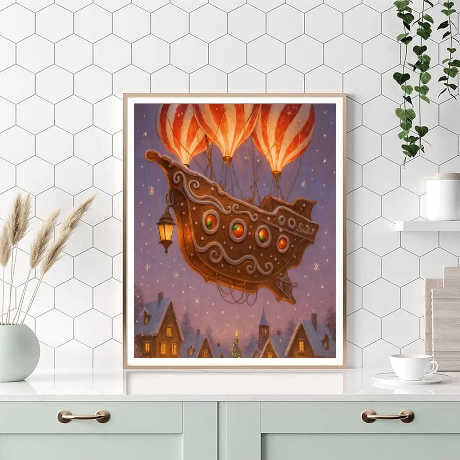 Gingerbread Airship Over Snowy Town Painting by numbers kit