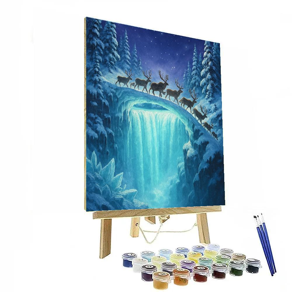 Midnight Reindeer Crossing Over Frozen Falls Number painting
