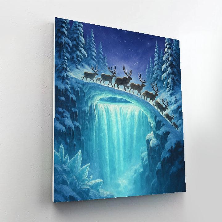 Midnight Reindeer Crossing Over Frozen Falls Number painting