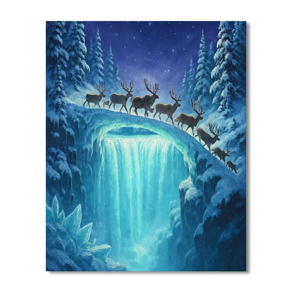 Midnight Reindeer Crossing Over Frozen Falls Number painting
