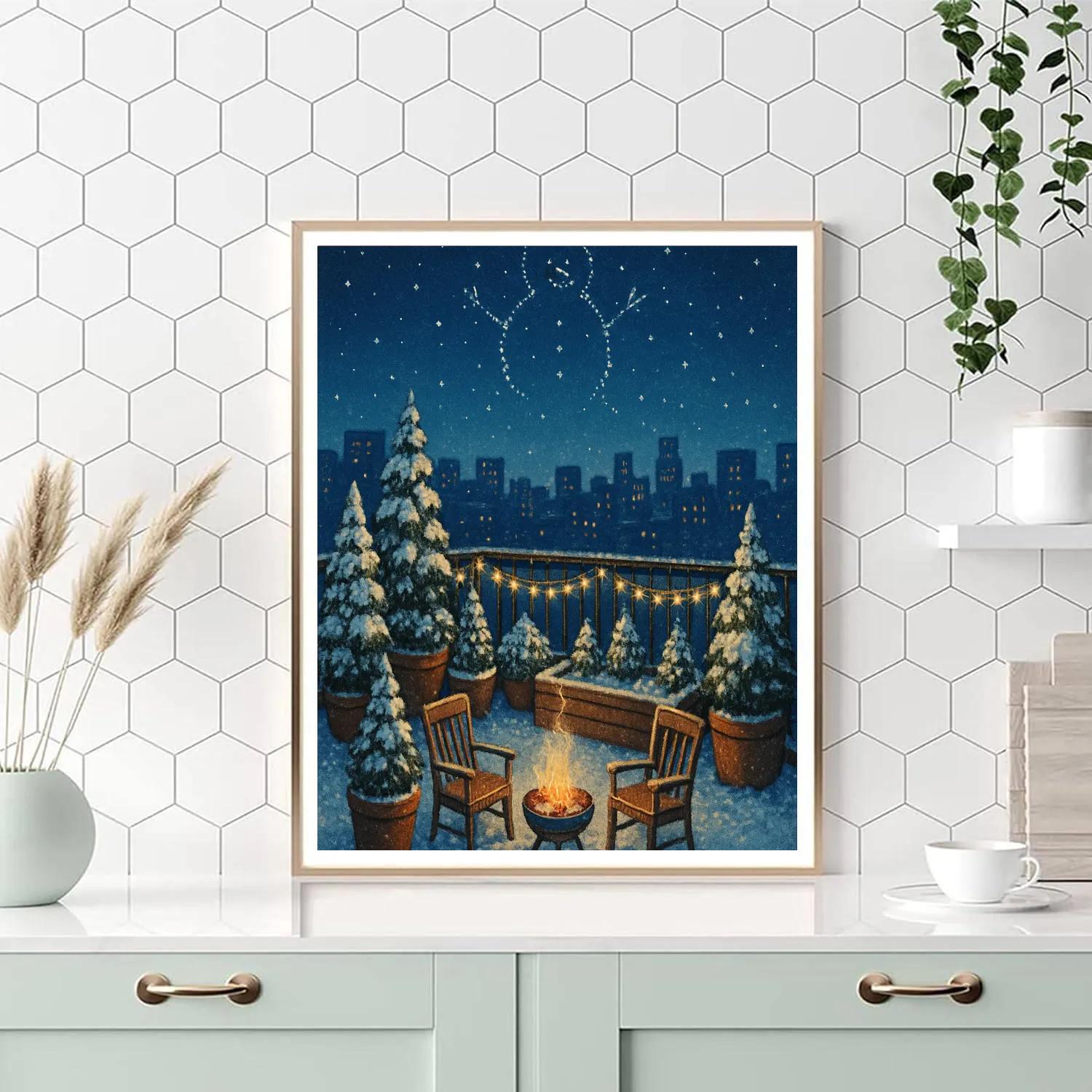 Snowman Constellation Above Rooftop Garden Numbered painting kits