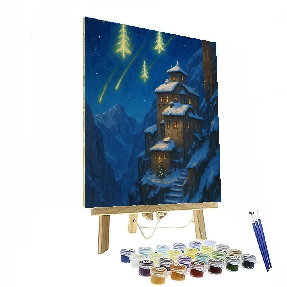 Christmas Tree Meteors Over Mountain Monastery Paint by numbers art