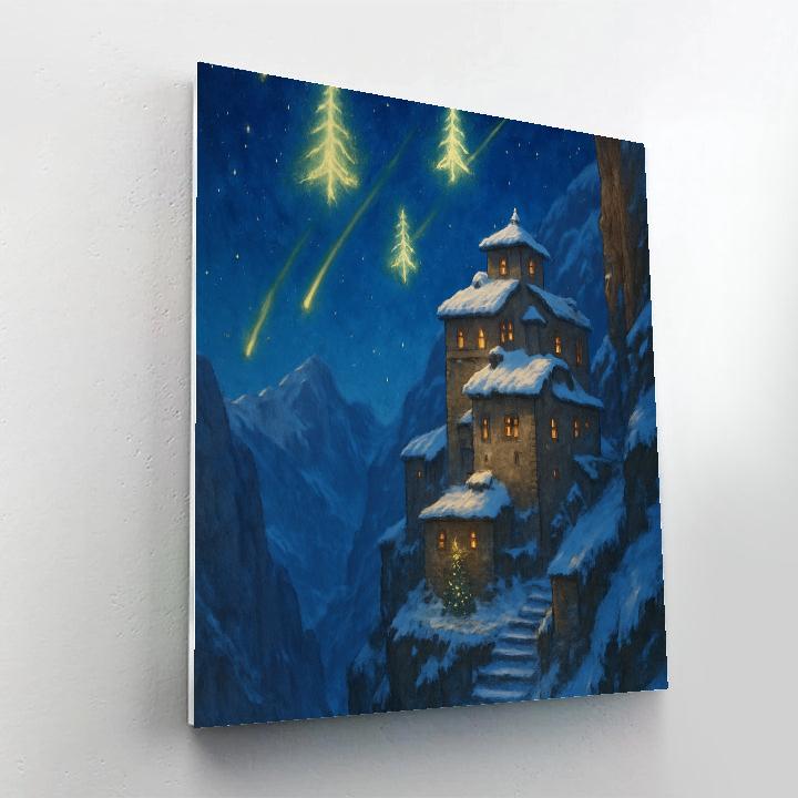 Christmas Tree Meteors Over Mountain Monastery Paint by numbers art