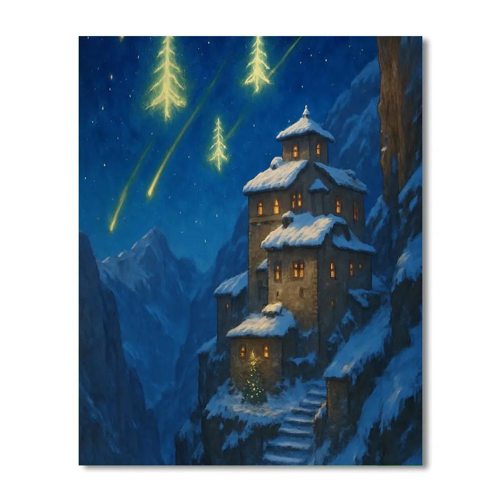 Christmas Tree Meteors Over Mountain Monastery Paint by numbers art