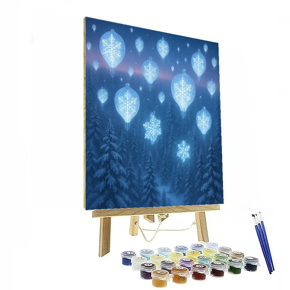 Snowflake Hot Air Lanterns Above Frozen Forest Painting by numbers kit