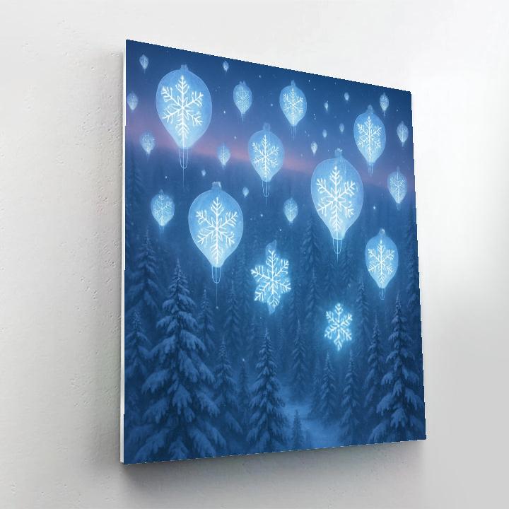 Snowflake Hot Air Lanterns Above Frozen Forest Painting by numbers kit