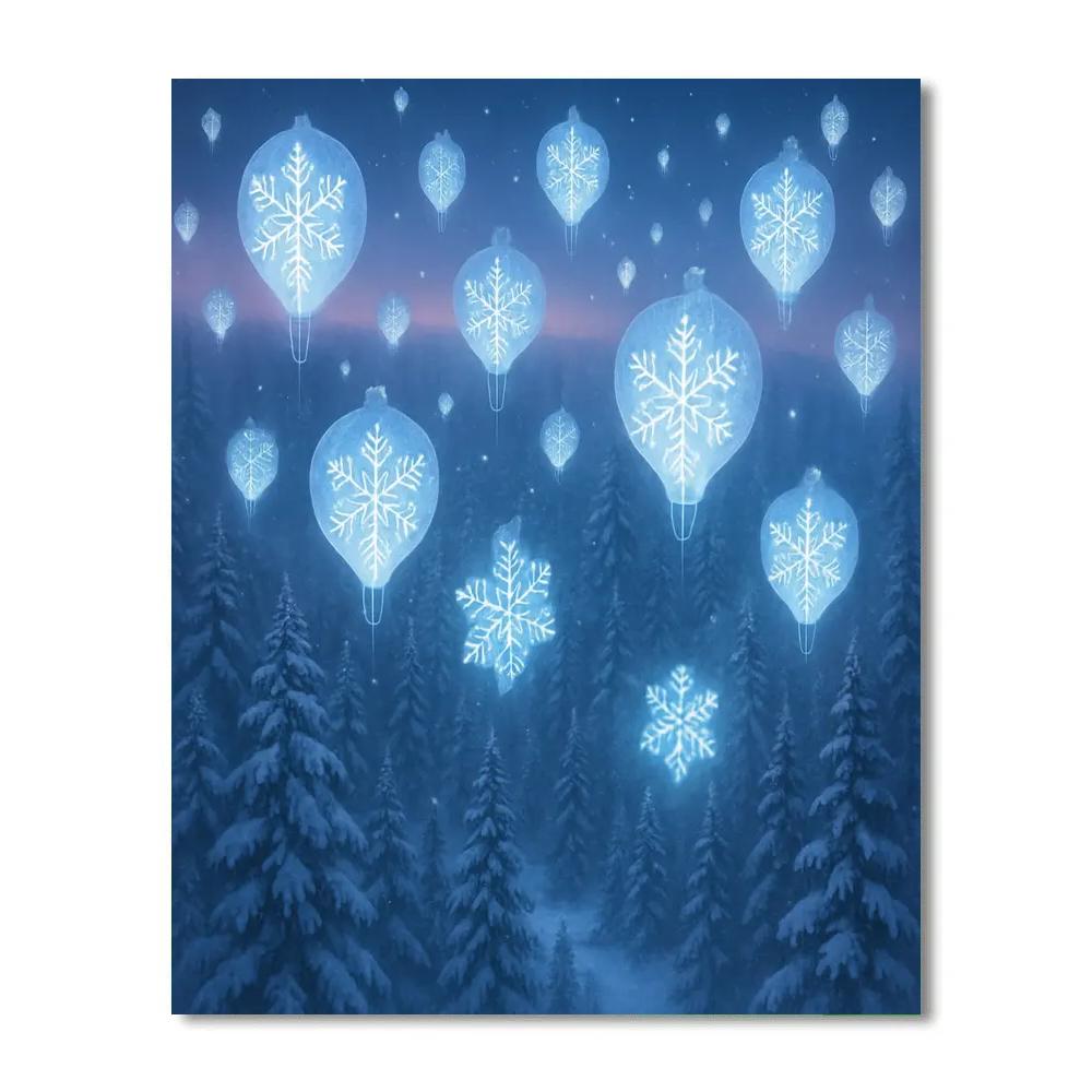 Snowflake Hot Air Lanterns Above Frozen Forest Painting by numbers kit