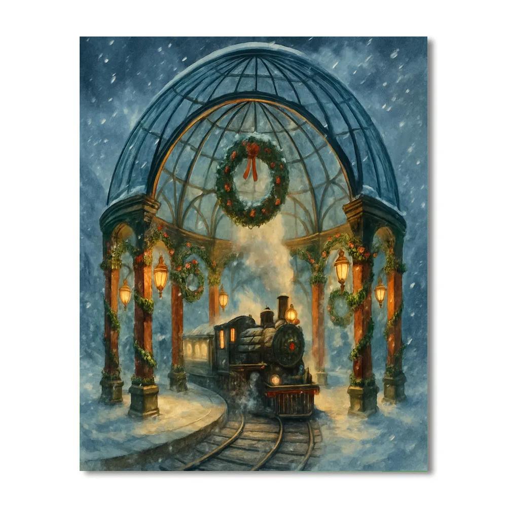 Christmas Train Station Under Glass Dome Paint by numbers art