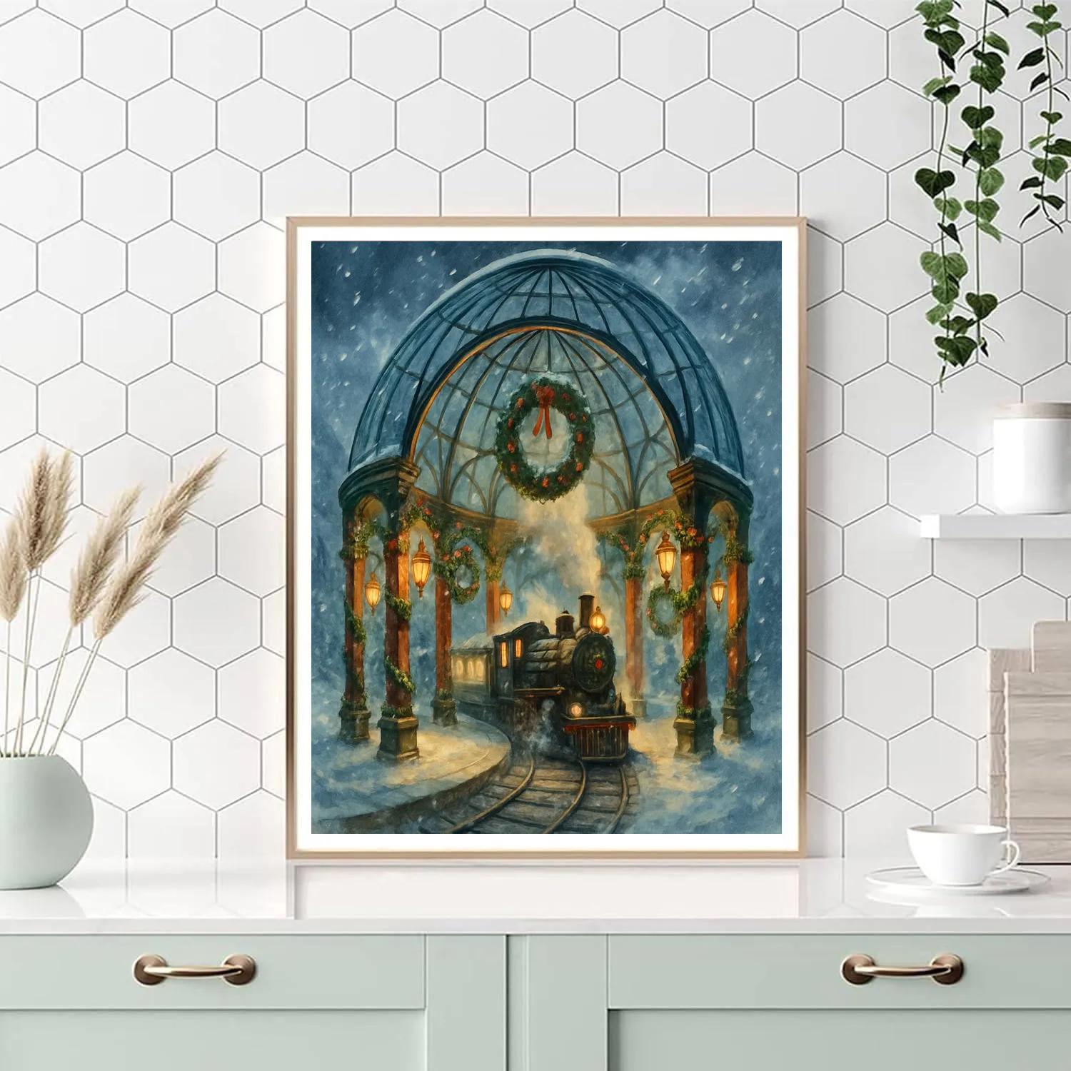 Christmas Train Station Under Glass Dome Paint by numbers art