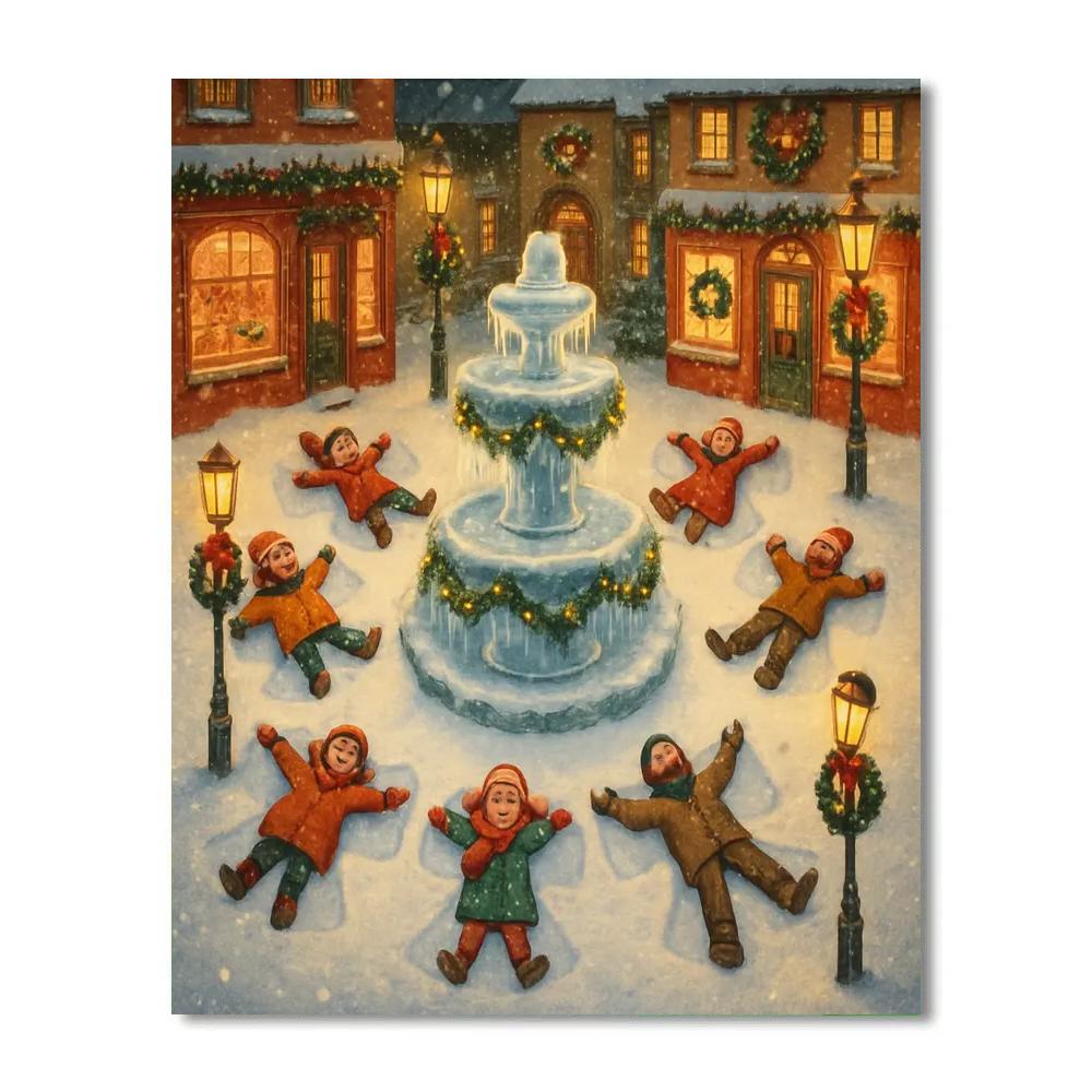 Snow Angels Around The Frozen Fountain paint by number