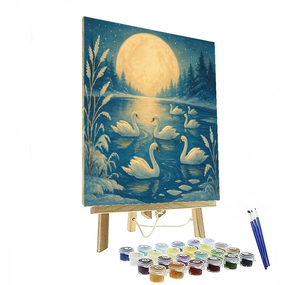 Christmas Swan Lake Under Lantern Moon paint by number