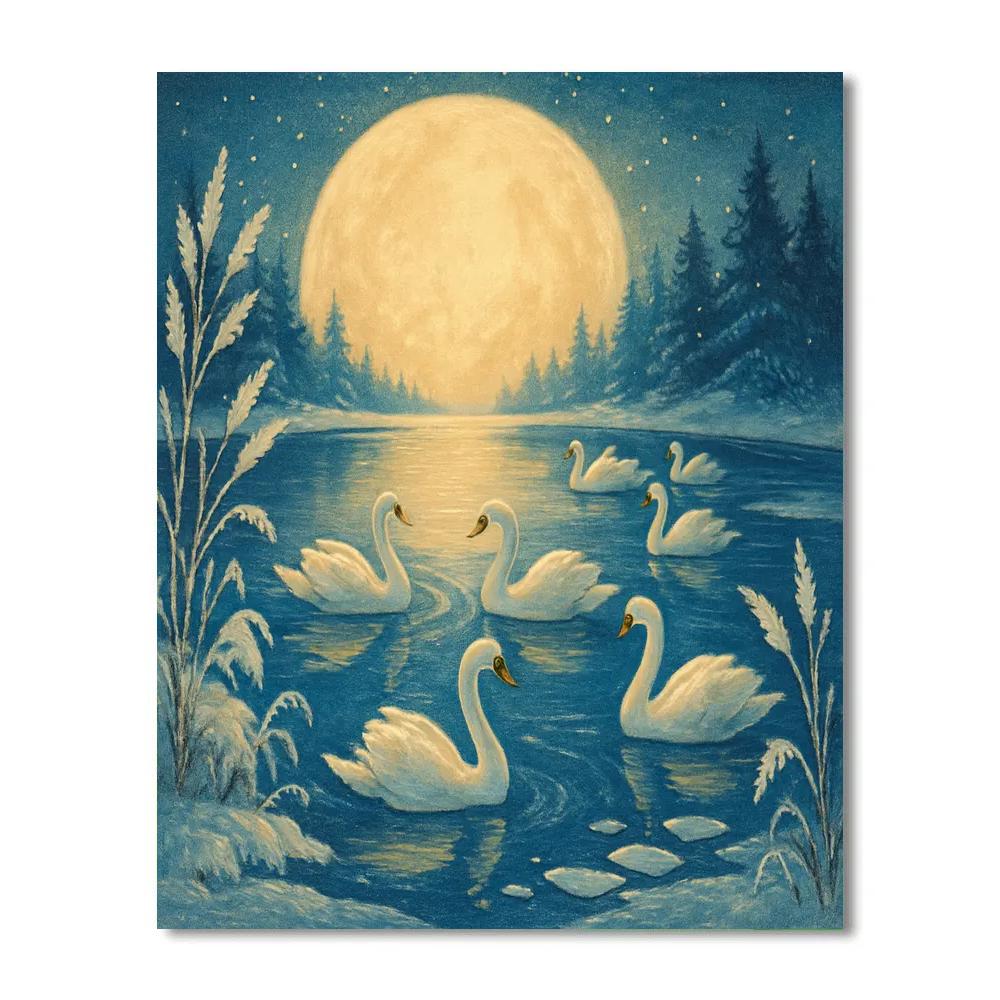 Christmas Swan Lake Under Lantern Moon paint by number