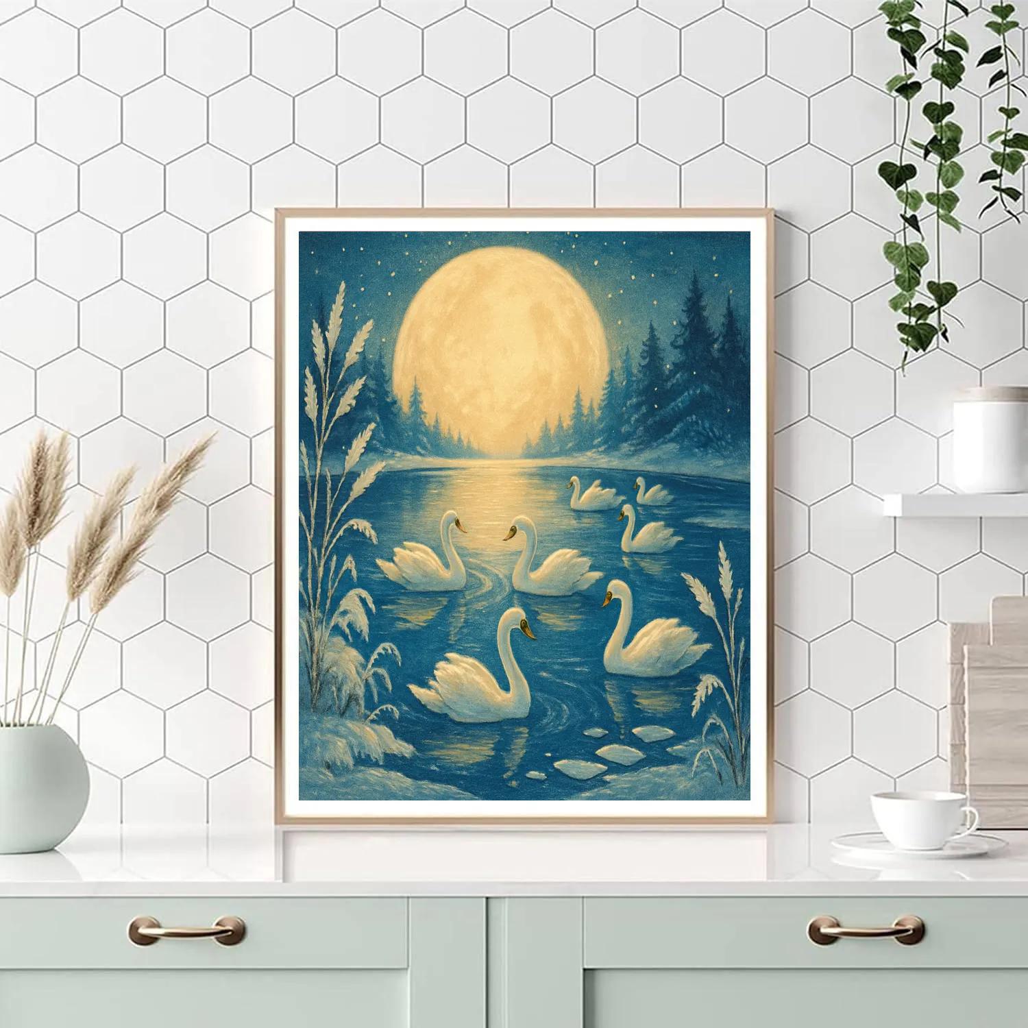 Christmas Swan Lake Under Lantern Moon paint by number
