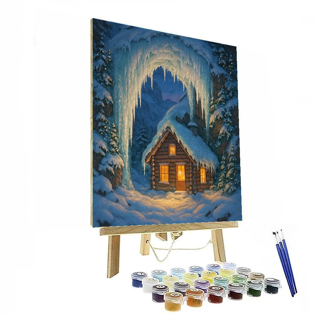 Christmas Cabin Under Frozen Waterfall Arch DIY paint by numbers