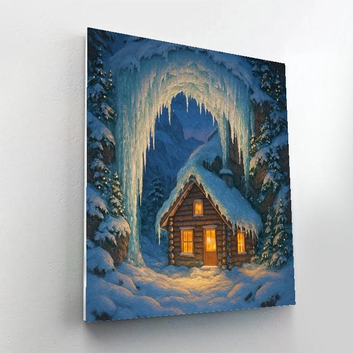 Christmas Cabin Under Frozen Waterfall Arch DIY paint by numbers