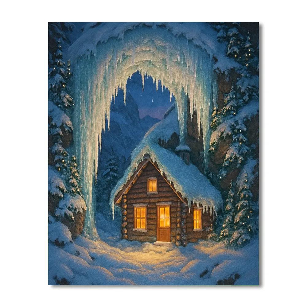 Christmas Cabin Under Frozen Waterfall Arch DIY paint by numbers