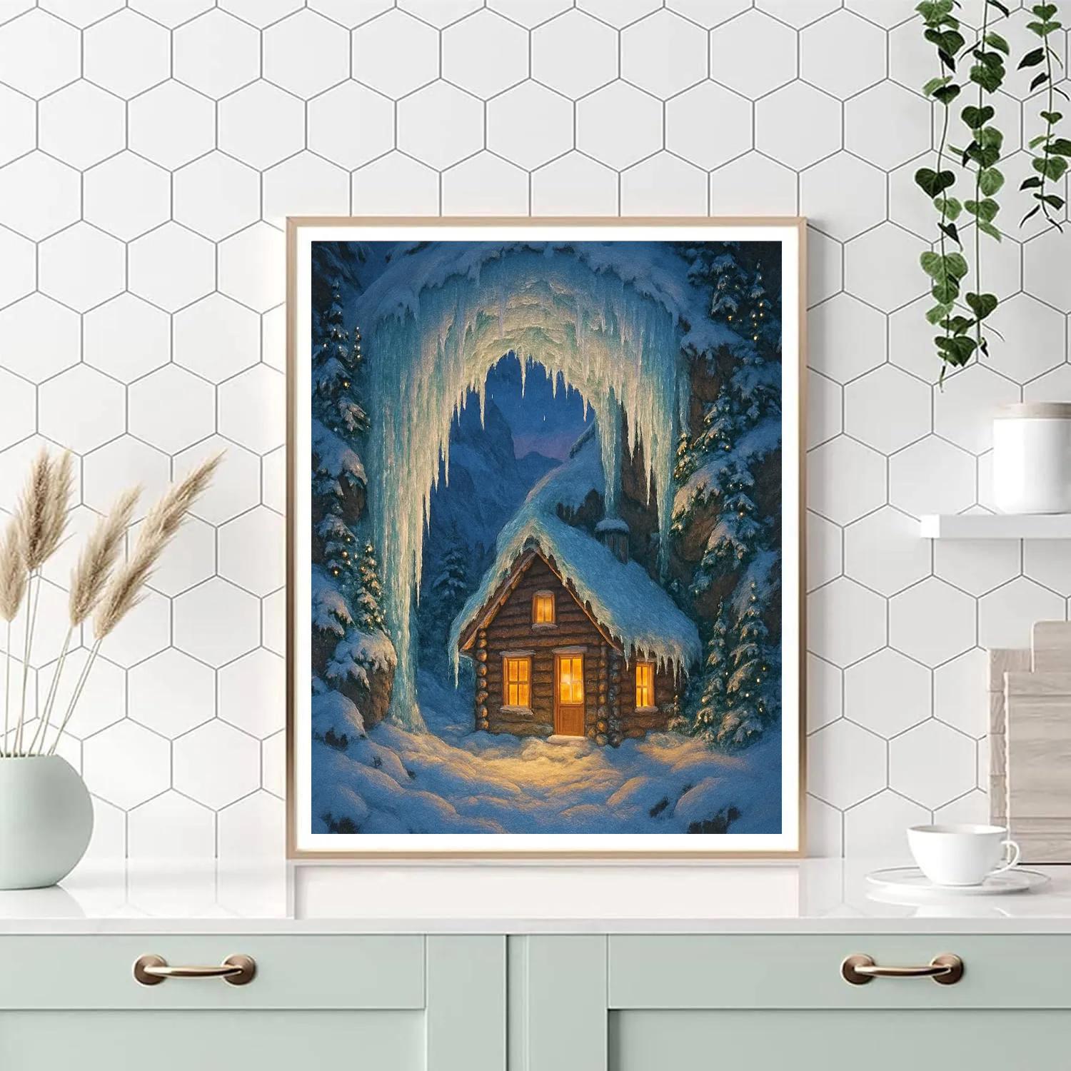 Christmas Cabin Under Frozen Waterfall Arch DIY paint by numbers