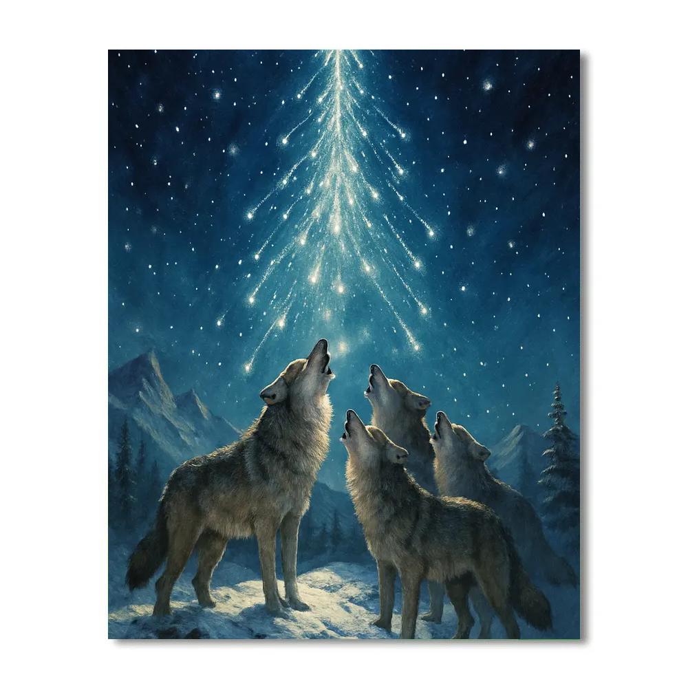 Christmas Wolves Howling At Shooting Star Tree paint by number