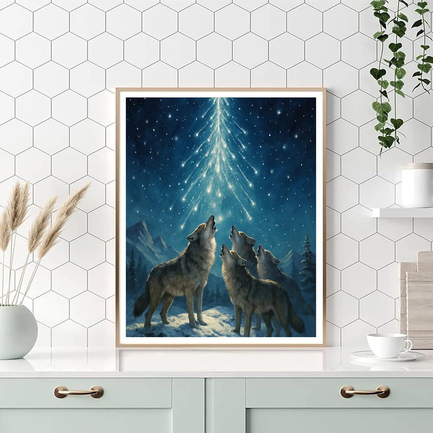 Christmas Wolves Howling At Shooting Star Tree paint by number