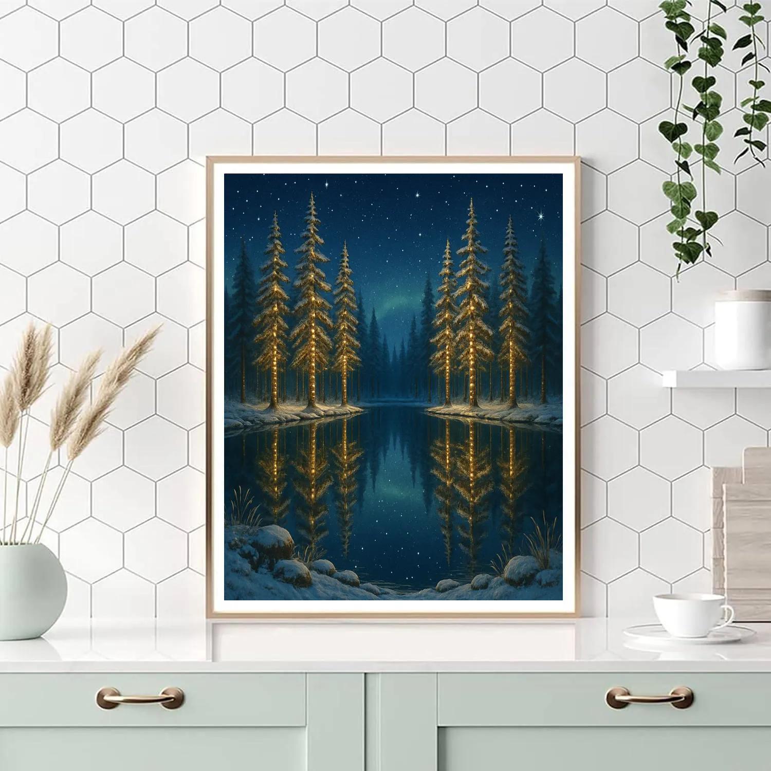 Christmas Pines Reflected In Crystal Lake paint by numbers