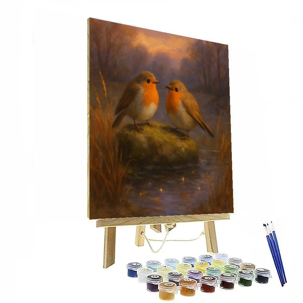 Starlit Robins By The Hearthside Pond painting number kit
