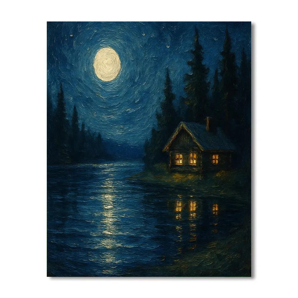 Moonlit Cabin Reflection DIY paint by numbers