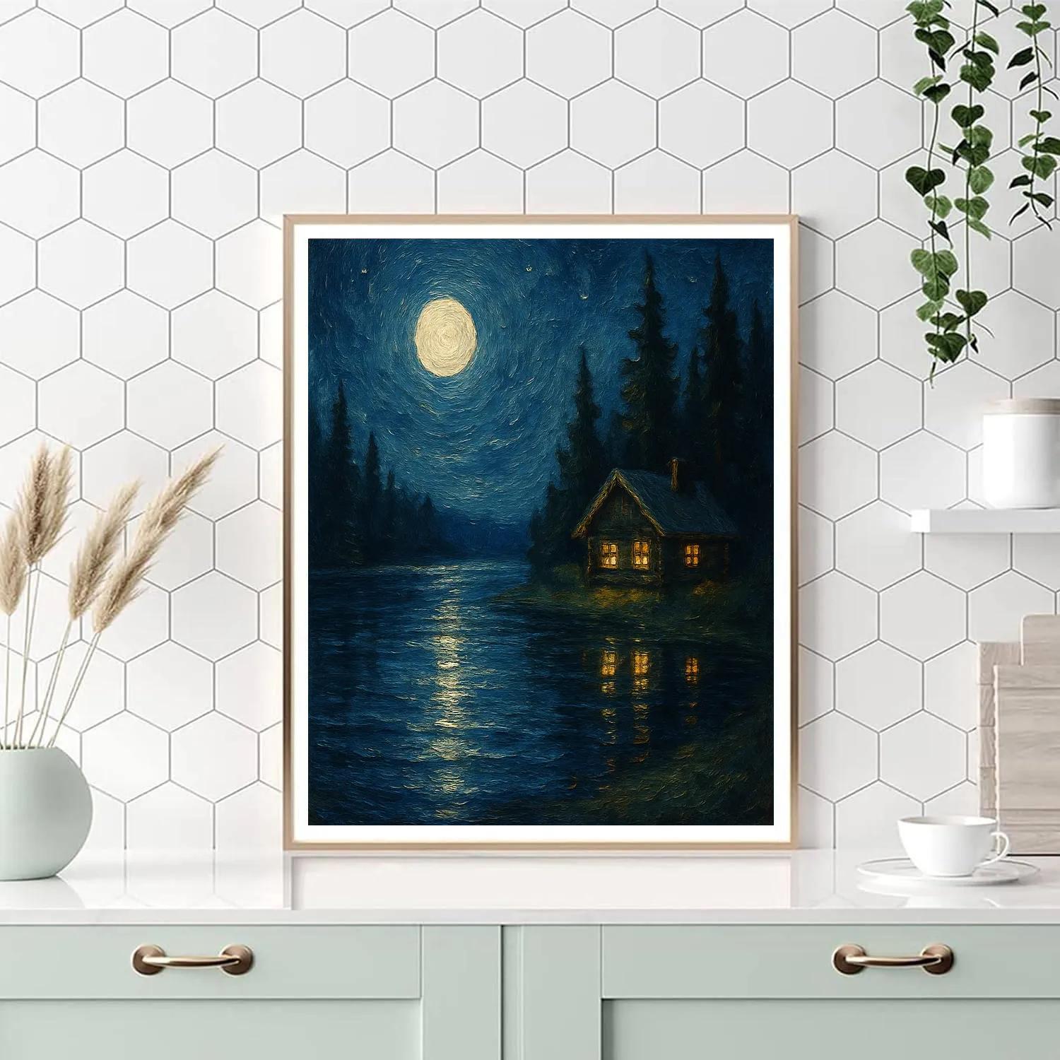 Moonlit Cabin Reflection DIY paint by numbers