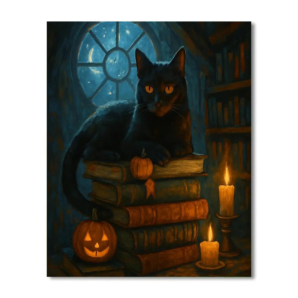 Moonlit Cat Library In The Attic Paint by numbers kits