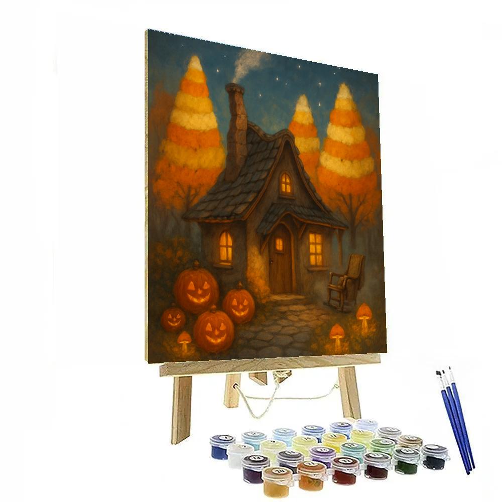 Cottage In The Candy Corn Woods paint by number