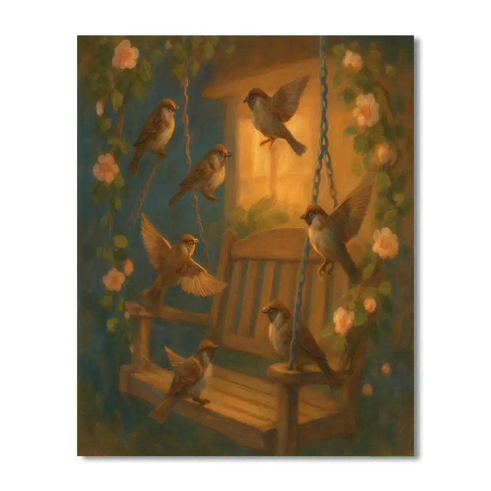 Orbiting Sparrows On The Garden Swing DIY paint by numbers