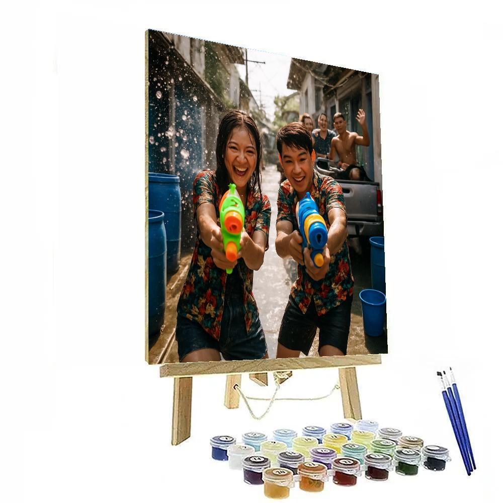 Songkran Water Fight In Chiang Mai Alley paint by number