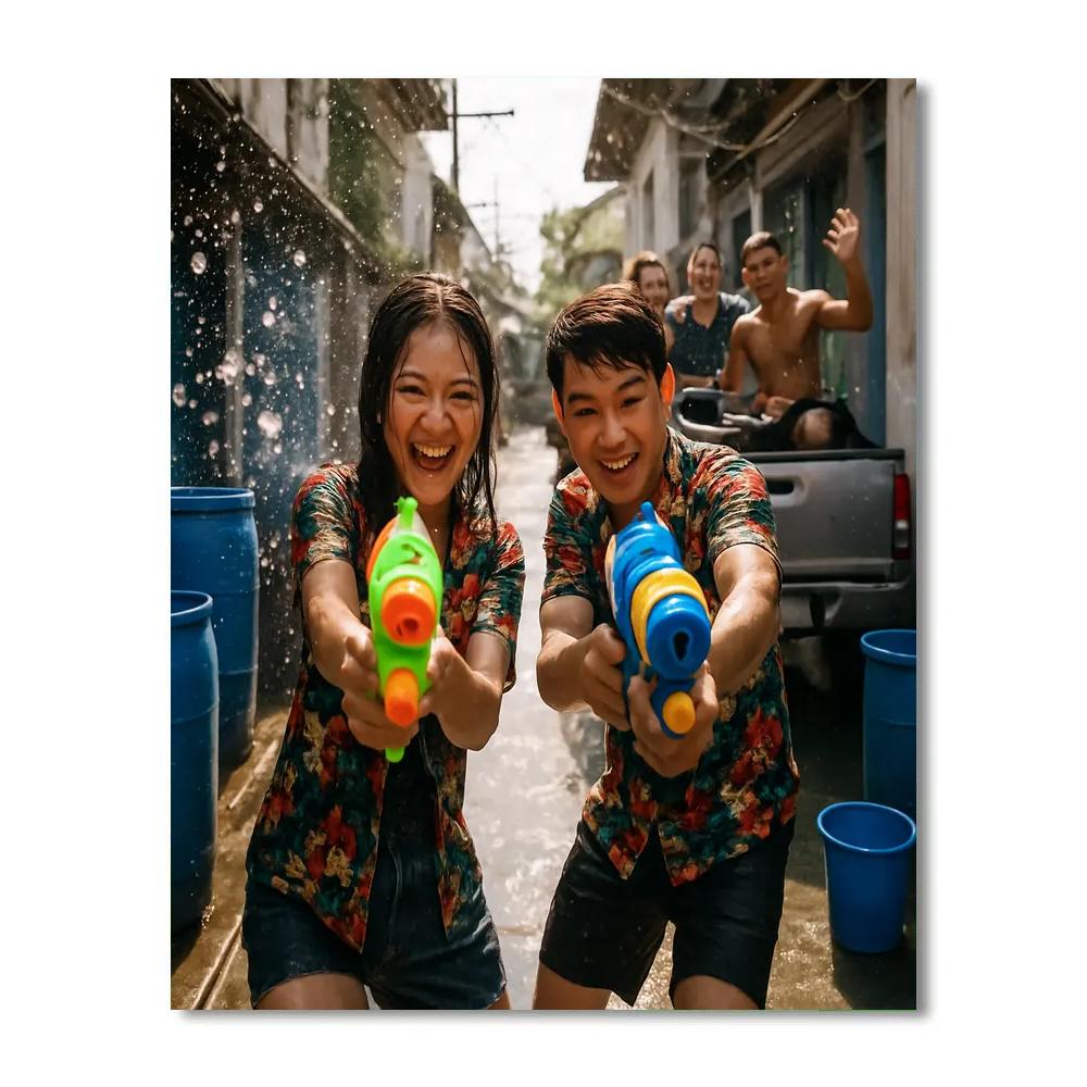 Songkran Water Fight In Chiang Mai Alley paint by number