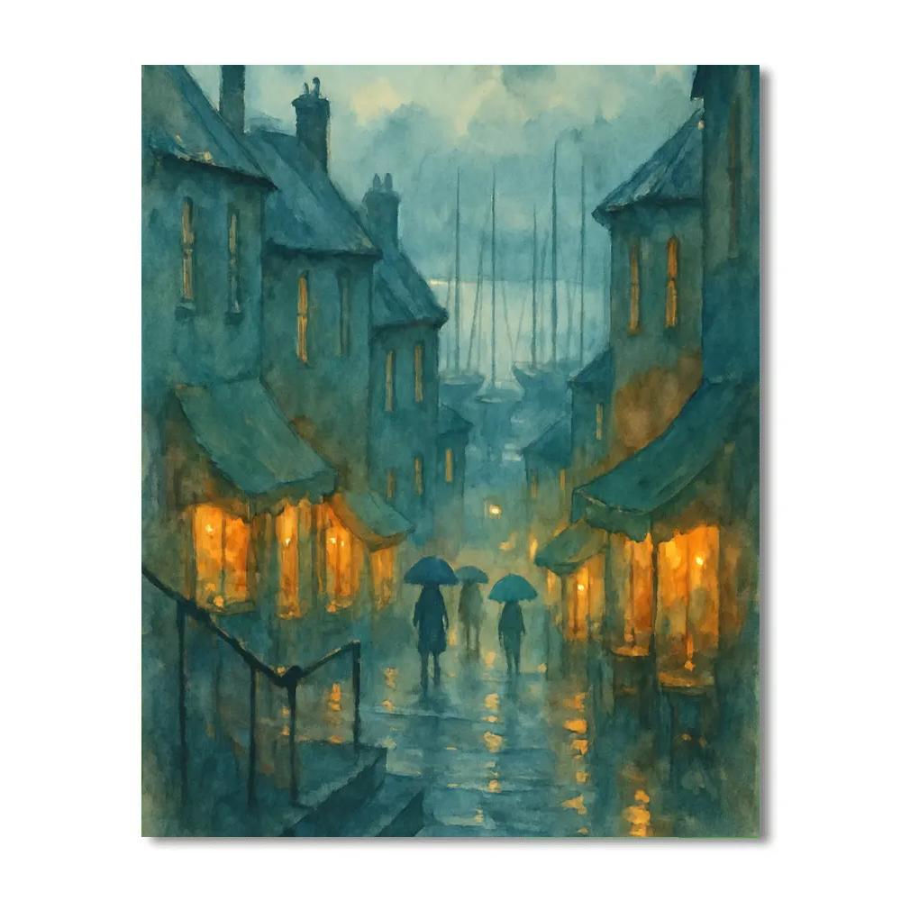 Rainlit Harbor Alley Glow Painting by numbers kit