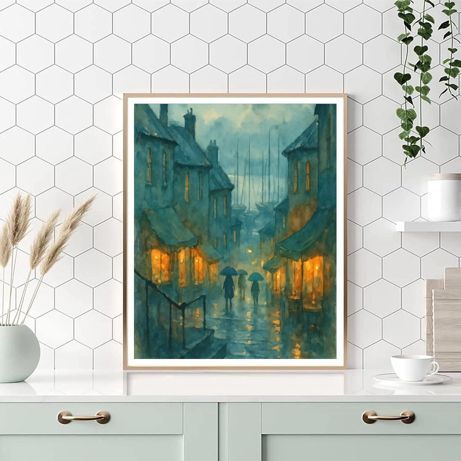 Rainlit Harbor Alley Glow Painting by numbers kit