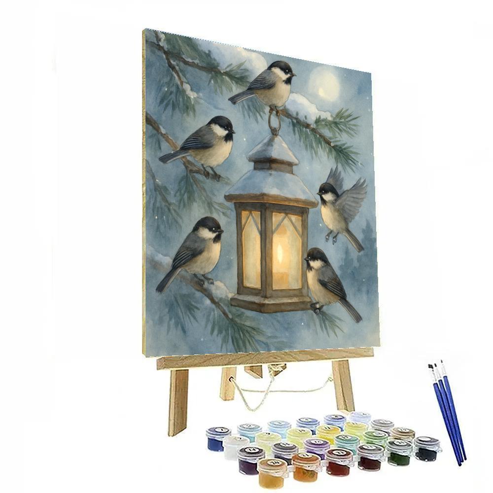 Snow Lantern Chickadees In The Pine Clearing painting number kit